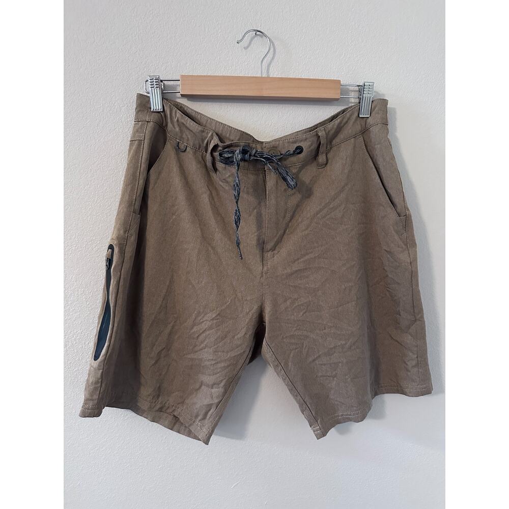 Roark Men's 32 Tan Khaki Drawstring Board Shorts Side Zip Pocket Stretch